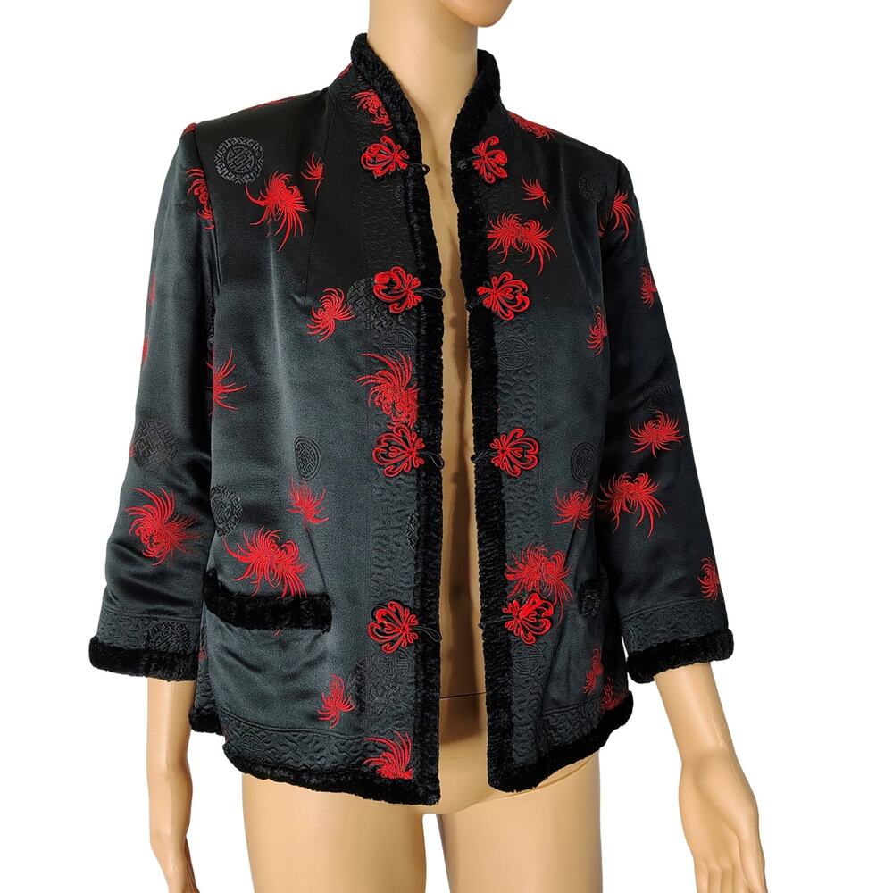 1970s Red Black Reversible Chinese Embroidered Fur Evening Jacket Size Small